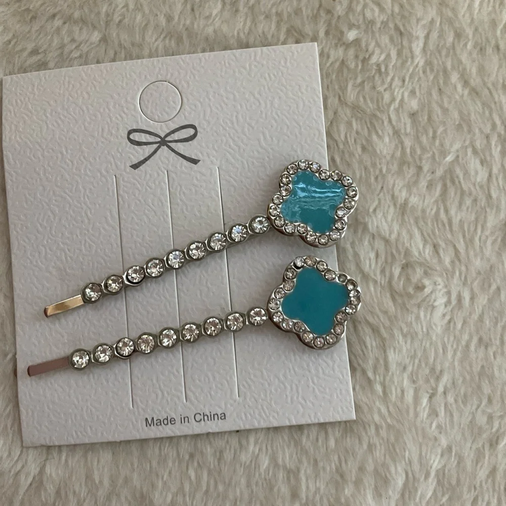 Turquoise Crystal Flower Bobby Pin Set - Elegant Kids Hair Clips